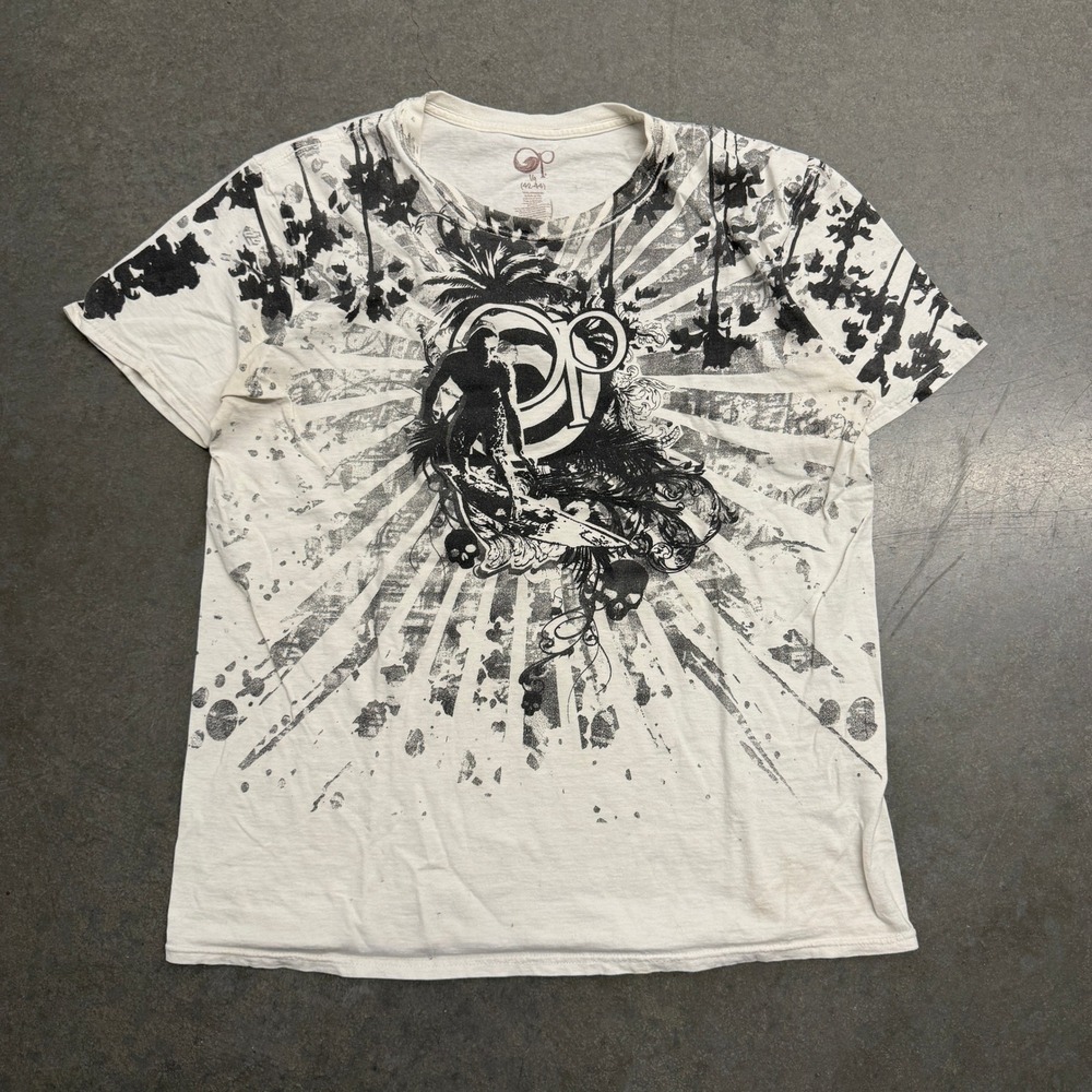 Ocean Pacific Mens Graphic T-Shirt White Black Surfer Skulls Palm Trees Large